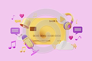 Credit card with music and podcast icons and multimedia, online entertainment