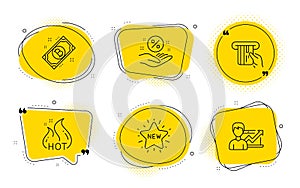 Credit card, New star and Hot sale icons set. Bitcoin, Loan percent and Success business signs. Vector