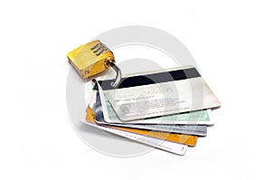 Credit card with padlock on white background. Data security concept.