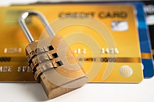 Credit card with password key lock security, exchange finance concept