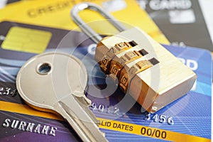 Credit card with password key lock, security finance business concept