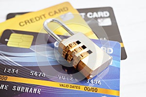 Credit card with password key lock, security finance business concept