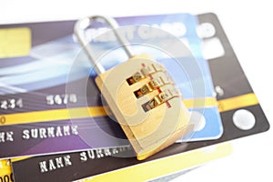 Credit card with password key lock, security finance business concept