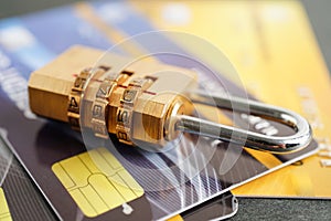 Credit card with password key lock, security finance business concept