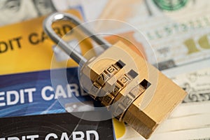 Credit card with password key lock security on US dollar background