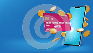 Credit card payment. 3D phone. Digital money pay. Online bank wallet. Mobile financial transfer concept. Smartphone