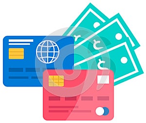 Credit card for payment, financial operations concept. Withdrawing cash from a debit card