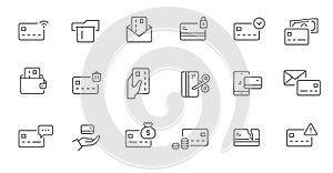 Credit card payment line icon set. Credit card money transaction, online wallet pay, shopping business pictogram