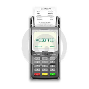 Credit card payment, POS terminal with pay receipt