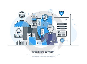 Credit card payment, secure transactions, business, finance, bank, banking, protection of deposits, money transfers. Illustration