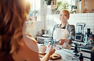 Credit card, payment and shopping with black woman in coffee shop for retail, restaurant and food service. Finance