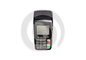 Credit card payment terminal on white background