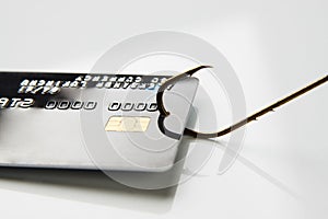 Credit card phishing attack. Credit card a fish hook, close-up