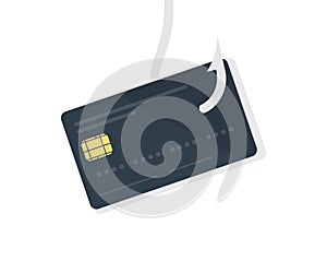 Credit card phishing - piles of credit cards with a fish hook logo design. Safe online banking, cyber attack, network data.