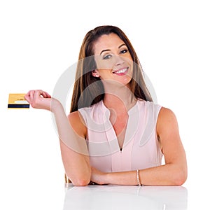 Credit card, portrait or woman in studio for shopping, budget or payment on white background. Bank, debit or customer