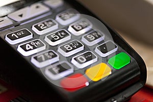 Credit card pos terminal, keyboard closeup