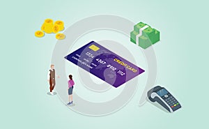 Credit card pros and contra analysis benefit with isometric modern flat style - vector