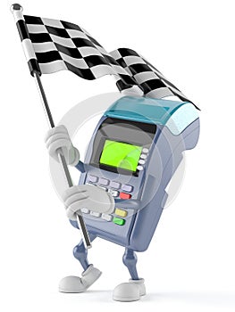 Credit card reader character waving race flag