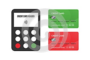 Credit card reader, payment terminal and credit cards icons, illustration for bank and financial design.