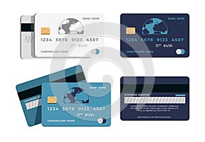 Credit card. Realistic plastic shapes for cashless payment. ATM bank signs. Front and back view of appliance mockup for