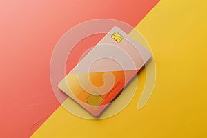 A credit card rests on a vibrant yellow and pink backdrop, A minimalist credit card with geometric shapes