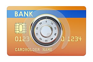 Credit card with safe combination dial lock. Security and Safety
