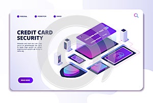 Credit card security isometric concept. Safety money online bank transaction. Smartphone payment technology landing page