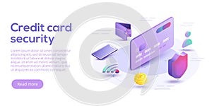 Credit card security isometric vector illustration. Online payment protection system concept with smartphone and wallet. Secure b