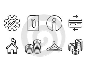 Credit card, Service and Currency icons. Cloakroom, Attachment and Coins signs.