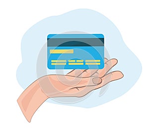 Credit card for shopping in air with hand on blue background vector illustration