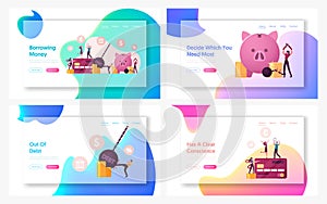 Credit Card Slavery Finish, Finance Freedom Landing Page Template Set. Happy People Cutting Chains at Huge Piggy Bank