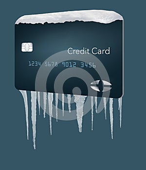 A credit card with snow on top and icicles below illustrates the idea of a credit freeze on a credit bureau account