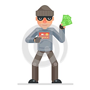 Credit card stolen money evil greedily thief cartoon rogue bulgar character flat design isolated vector illustration