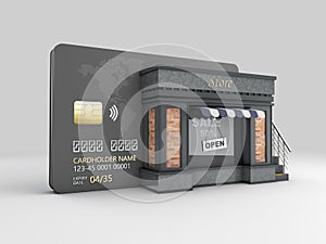 Credit Card with store. clipping path included. 3d Rendering