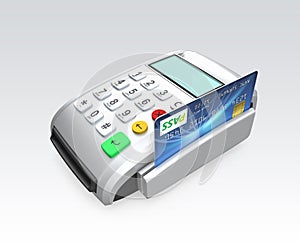 Credit card swiping through a card-reader on gray background photo