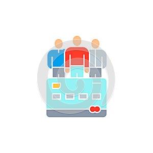 Credit card with team, business team, user group white outline icon. Shopping, online banking, finance symbol design.