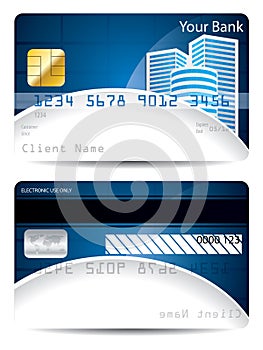 Credit card template in blue white with skyskrapers