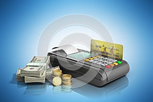 Credit Card trminal Machine 3D rendering on blue