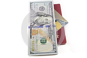 Credit card with USA dollars bills and passport