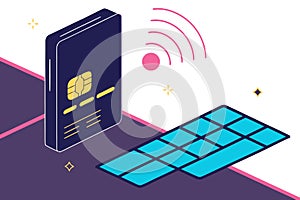 Vector art of isometric view of a credit card with wireless payment technology isolated on white background