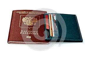 A credit cardholder next to a foreign passport. Payment of tickets for travel