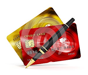 Credit cards, check book and pen isolated on white background. 3D illustration