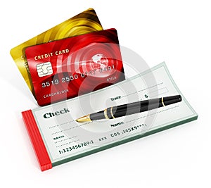 Credit cards, check book and pen isolated on white background. 3D illustration