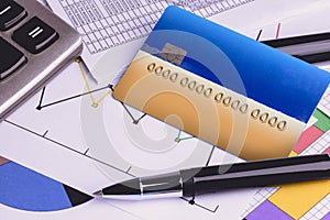 Credit cards with credit card statements,account,pen, calculator