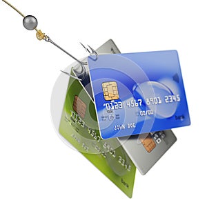 Credit cards on quadruple fishing hook fraud concept 3d illustration