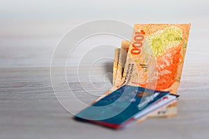 Credit cards and some argentinian banknotes. Online shopping, personal finances concept