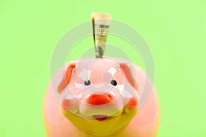 Credit concept. Money saving. Money budget planning. Financial wellbeing. Economics and finance. Piggy bank pink pig