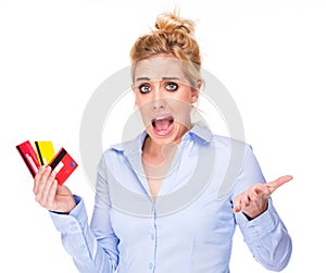 Credit Crunch Stressed Woman Holding Credit Cards