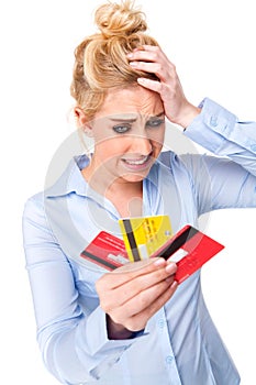 Credit Crunch Stressed Woman Holding Credit Cards