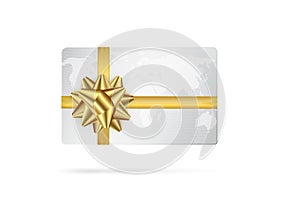 Credit or debit card with golden ribbon. Gift card concept